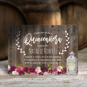 Lantern Rustic Burgundy Floral Quinceanera 15 Invitation
