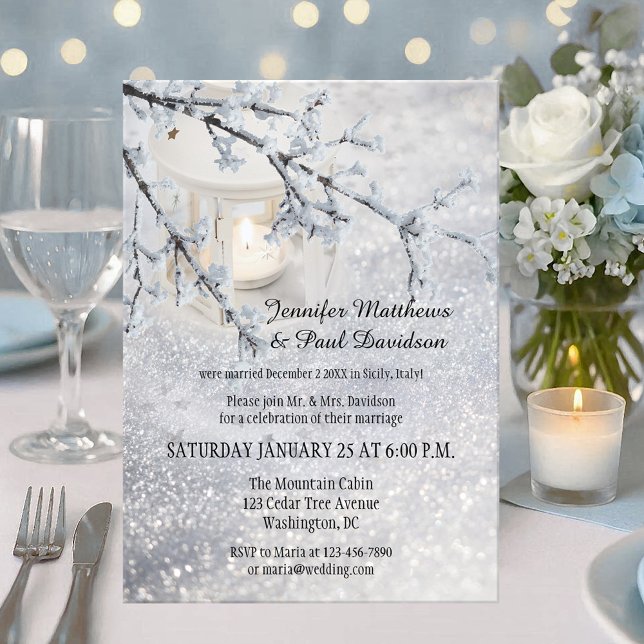 Lantern Snow Winter Post Wedding Party Invitation (Wedding reception only invitation showing a candle lit lantern in a winter scene with sparkling snow)