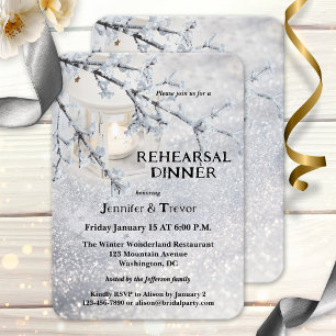 Lantern Snow Winter Rehearsal Dinner Invitation