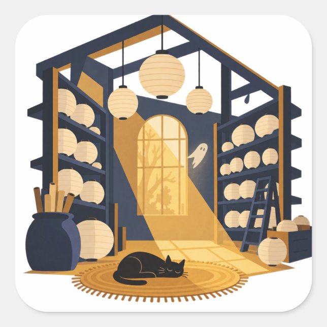 Lantern Storehouse Ghost Halloween Square Sticker (Front)