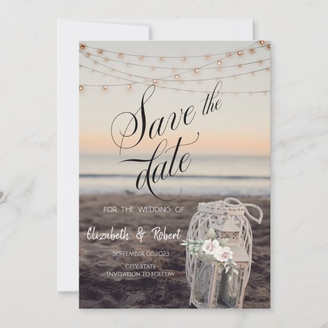 Lantern,String Lights,Flowers,Beach Save The Date (Front)