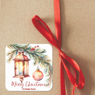 Lantern with Pine and Holly Berries Christmas Square Sticker