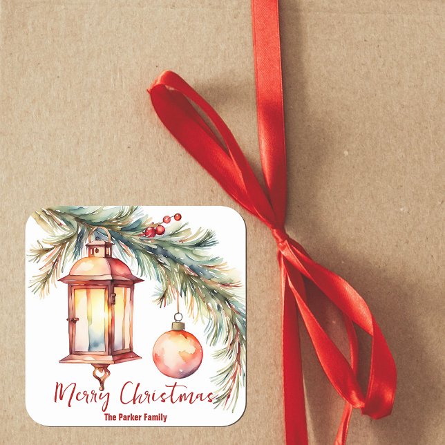 Lantern with Pine and Holly Berries Christmas Square Sticker (Creator Uploaded)