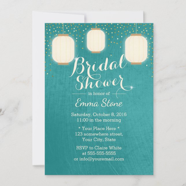 Lanterns Bridal Shower Modern Teal Green Invitation (Front)