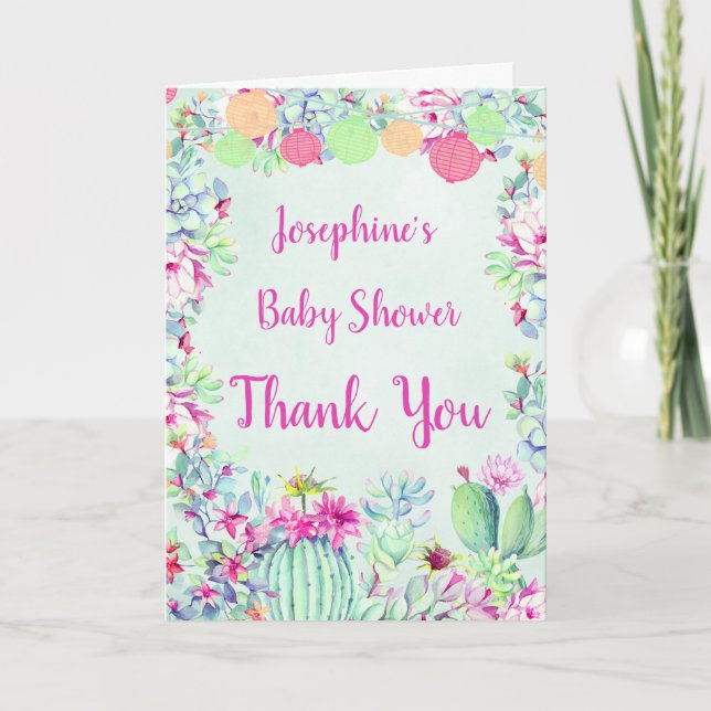 Lanterns Cactus Fiesta Baby Shower Thank You Card (Front)