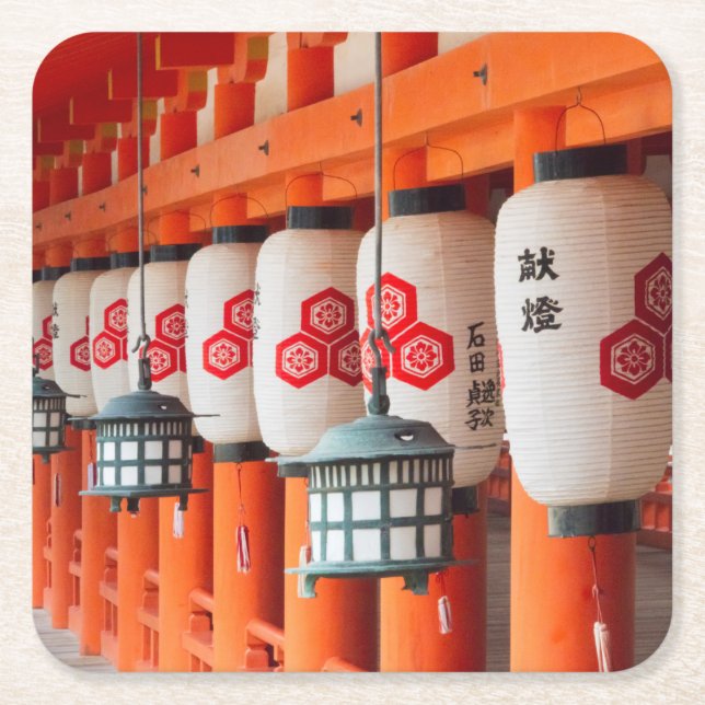 Lanterns inside Itsukushima Shrine Square Paper Coaster (Front)