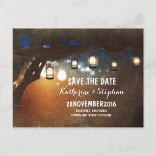 lanterns lights tree rustic save the date postcard