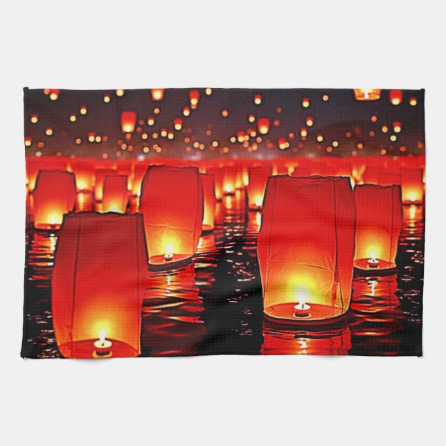 Lanterns' Magical Night Float Design Tea Towel (Horizontal)