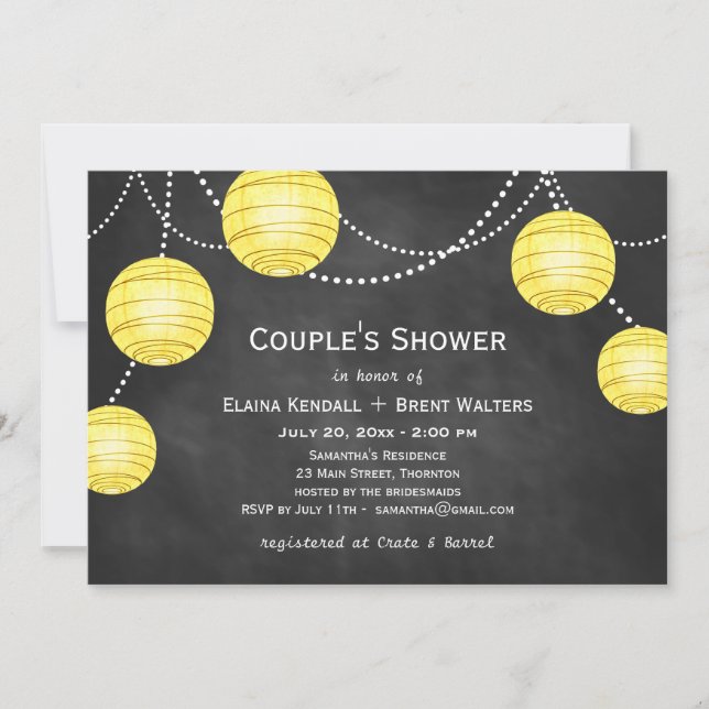 Lanterns on Chalk Couple's Shower Invite in Yellow (Front)