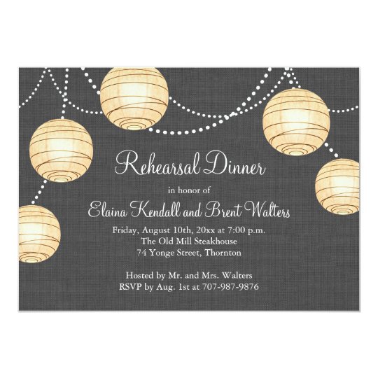 Lanterns on Grey Burlap Rehearsal Dinner Invite