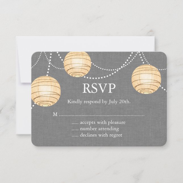 Lanterns on Grey Burlap RSVP 2 Card (Front)