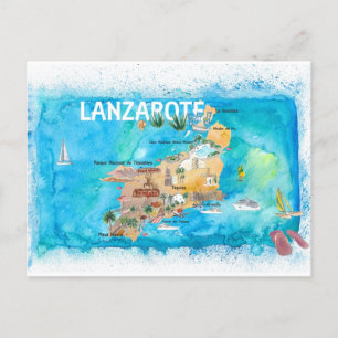 Lanzarote Canarias Spain Illustrated Map Holiday Postcard
