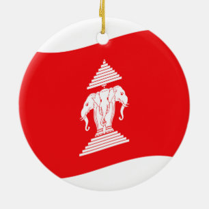 Lao Erawan Three Headed Elephant Flag Wave Ceramic Tree Decoration