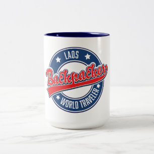 laos backpacker world traveller logo Two-Tone coffee mug