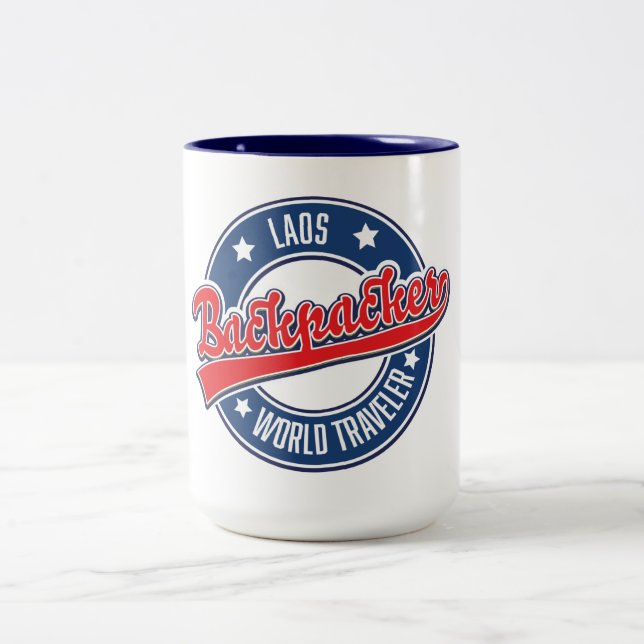 laos backpacker world traveller logo Two-Tone coffee mug (Center)