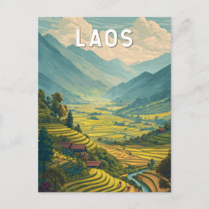 Laos Illustration Travel Art Vintage Postcard