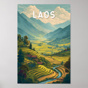 Laos Illustration Travel Art Vintage Poster