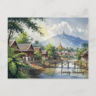 Laos Luang Prabang Travel Watercolor Postcard
