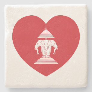 Laotian Erawan 3 Headed Elephant Heart Flag Stone Coaster
