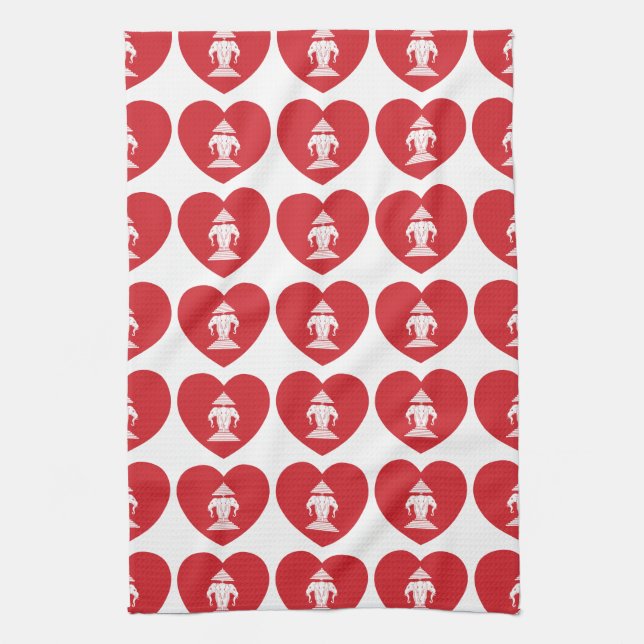 Laotian Erawan 3 Headed Elephant Heart Flag Tea Towel (Vertical)