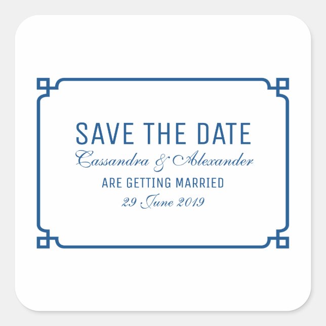 Lapis Blue Deco Chic Save the Date Square Sticker (Front)