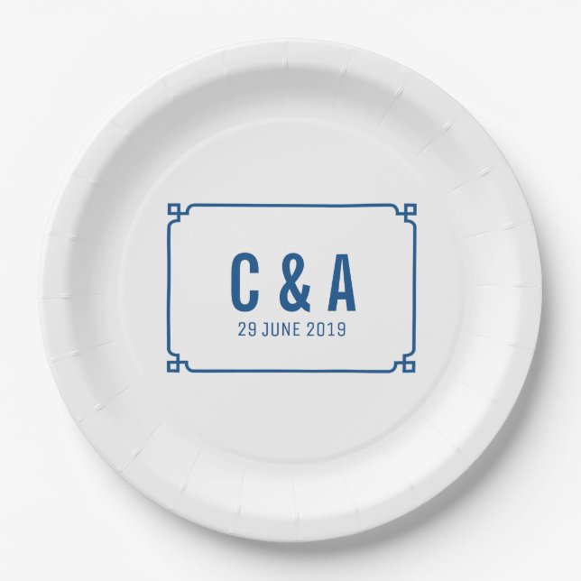 Lapis Blue Deco Chic Wedding Paper Plate (Front)