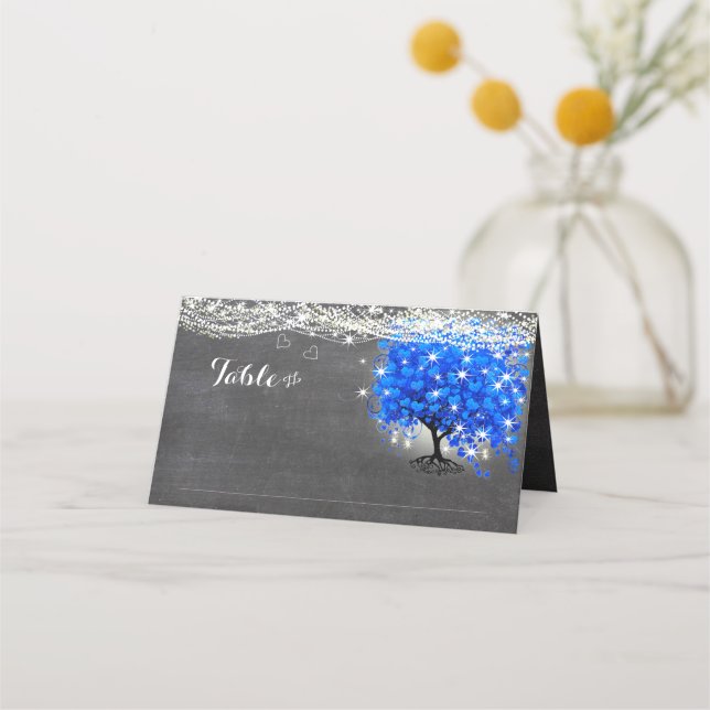 Lapis Blue Heart Leaf Tree Wedding Place Cards (Front)