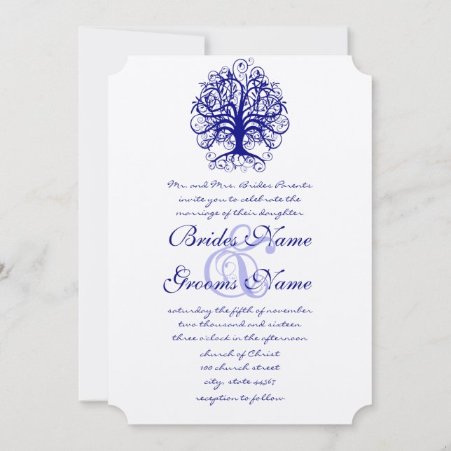 Lapis Blue Romantic Tree Wedding Invitations (Back)
