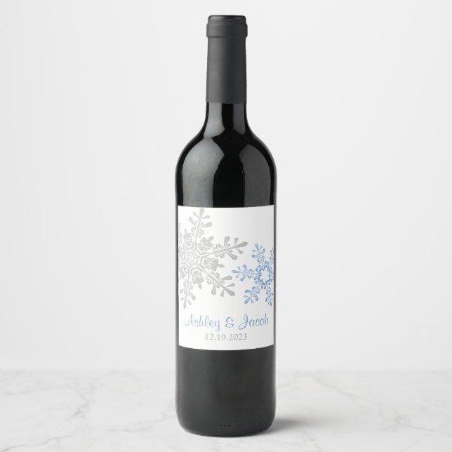 Lapis Blue Silver Snowflake Wedding  Wine Label (Front)