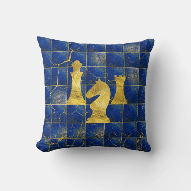 Lapis Lazuli Chessboard and Gold Chess Pieces Cushion (Front)