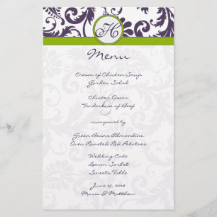 Lapis Purple and Apple Green Damask Wedding Menu