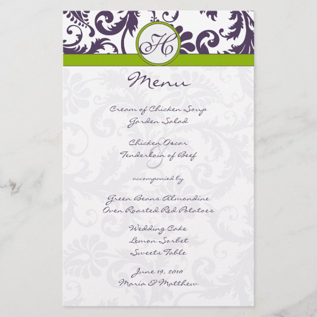 Lapis Purple and Apple Green Damask Wedding Menu (Front)