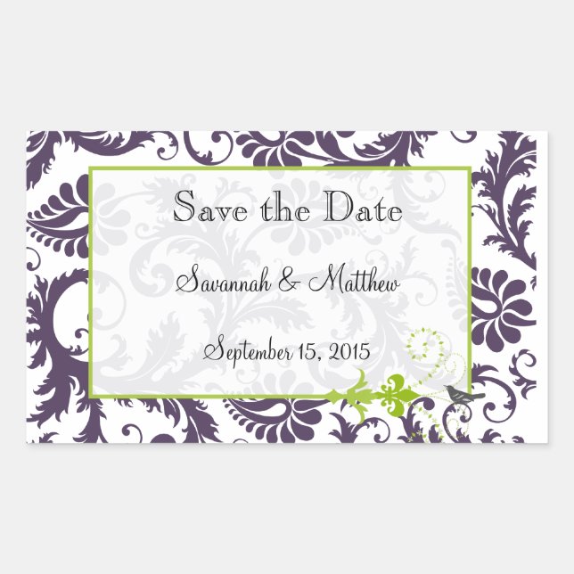 Lapis Purple Apple Green Damask Bird Weddings Rectangular Sticker (Front)