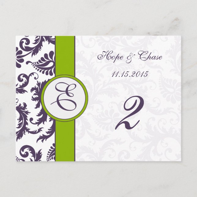 Lapis Purple Damask Apple Green Table Number Cards (Front)