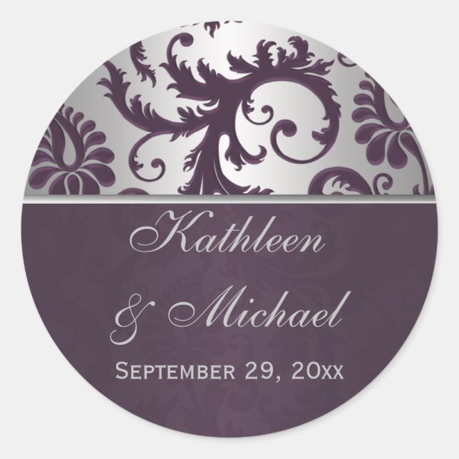 Lapis Purple & Silver Grey Damask Wedding Sticker (Front)