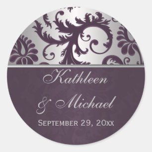 Lapis Purple & Silver Grey Damask Wedding Sticker
