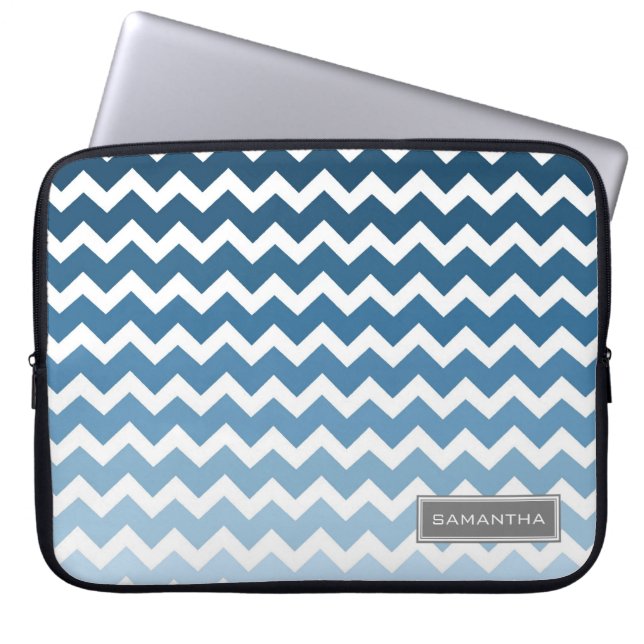 Laptop Blue Ombre Chevron Custom Name Laptop Sleeve (Front)