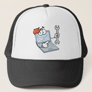 Laptop Cartoon Character Holding A Wrench Trucker Hat