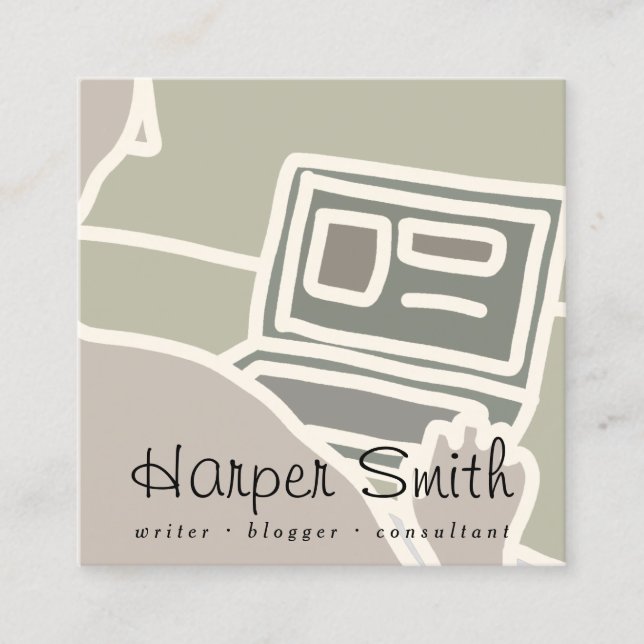laptop computer online writer blogger square business card (Front)