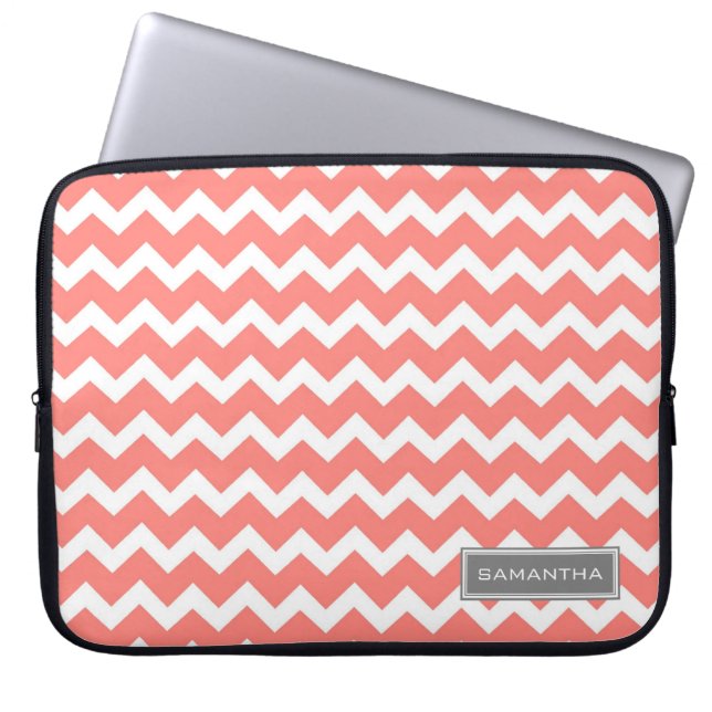 Laptop Coral Chevron Custom Name Sleeve (Front)