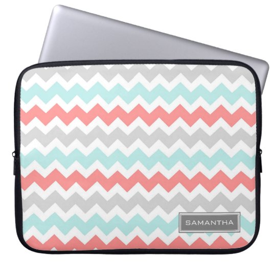 Laptop Coral Teal Chevron Custom Name Laptop Sleeve