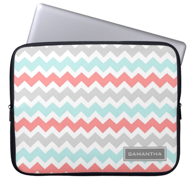 Laptop Coral Teal Chevron Custom Name Sleeve (Front)