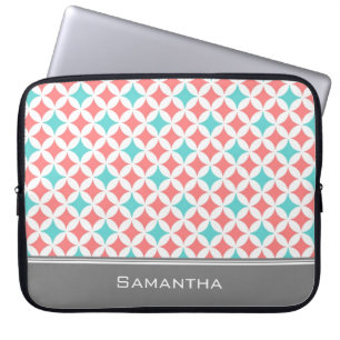 Laptop Coral Teal Grey Custom Name Sleeve