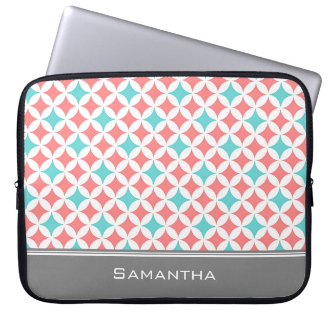 Laptop Coral Teal Grey Custom Name Sleeve (Front)
