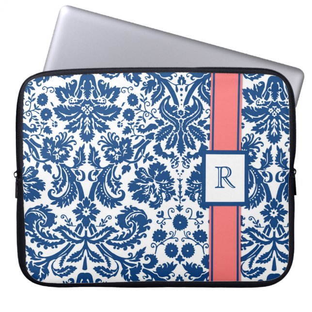 Laptop Custom Monogram Blue Coral Floral Damask Laptop Sleeve (Front)