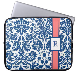 Laptop Custom Monogram Blue Coral Floral Damask Sleeve