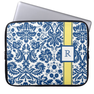 Laptop Custom Monogram Blue Lemon Floral Damask Laptop Sleeve