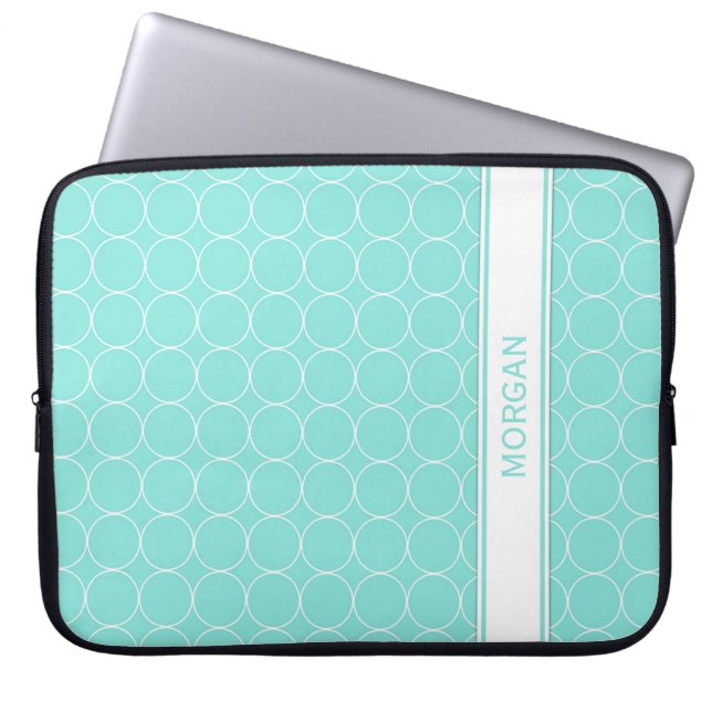 Laptop Custom Name Aqua White Circles Pattern Sleeve (Front)