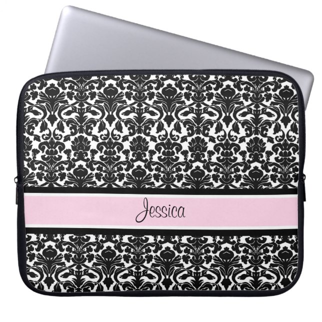 Laptop Pink Damask Custom Name Laptop Sleeve (Front)