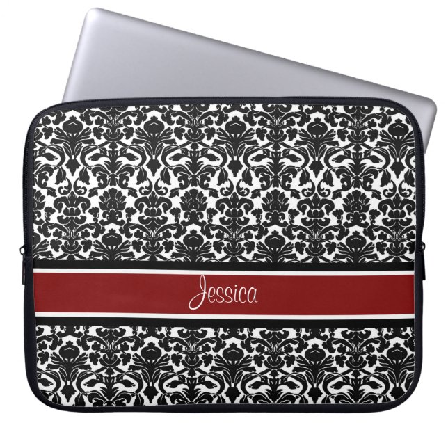Laptop Red Damask Custom Name Sleeve (Front)